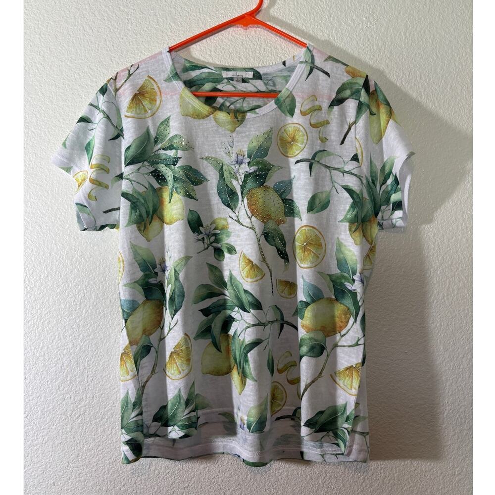 Milano Women's Size L Embellished Lemon Fruit Print Short Sleeve Scoop Neck Tee